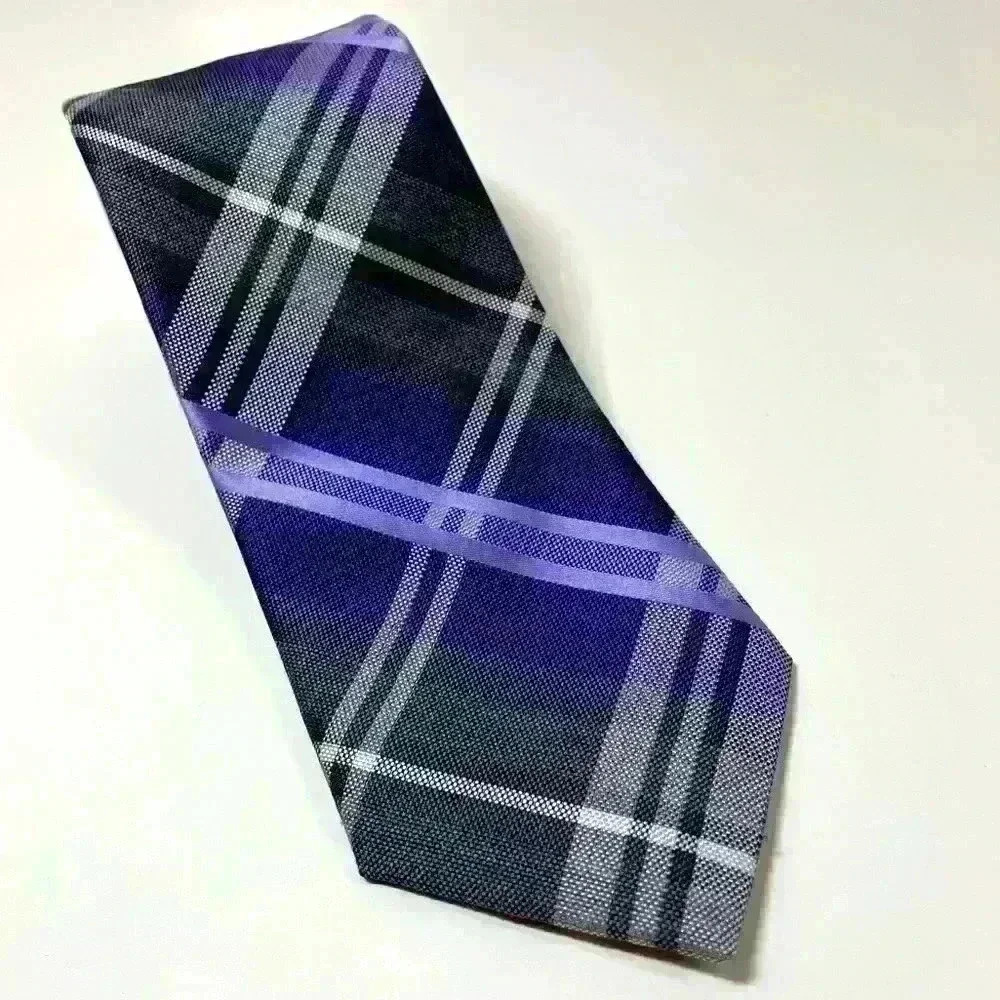 Van Heusen Men’s Plaid Tie Purple Gray White Stripes Skinny Necktie